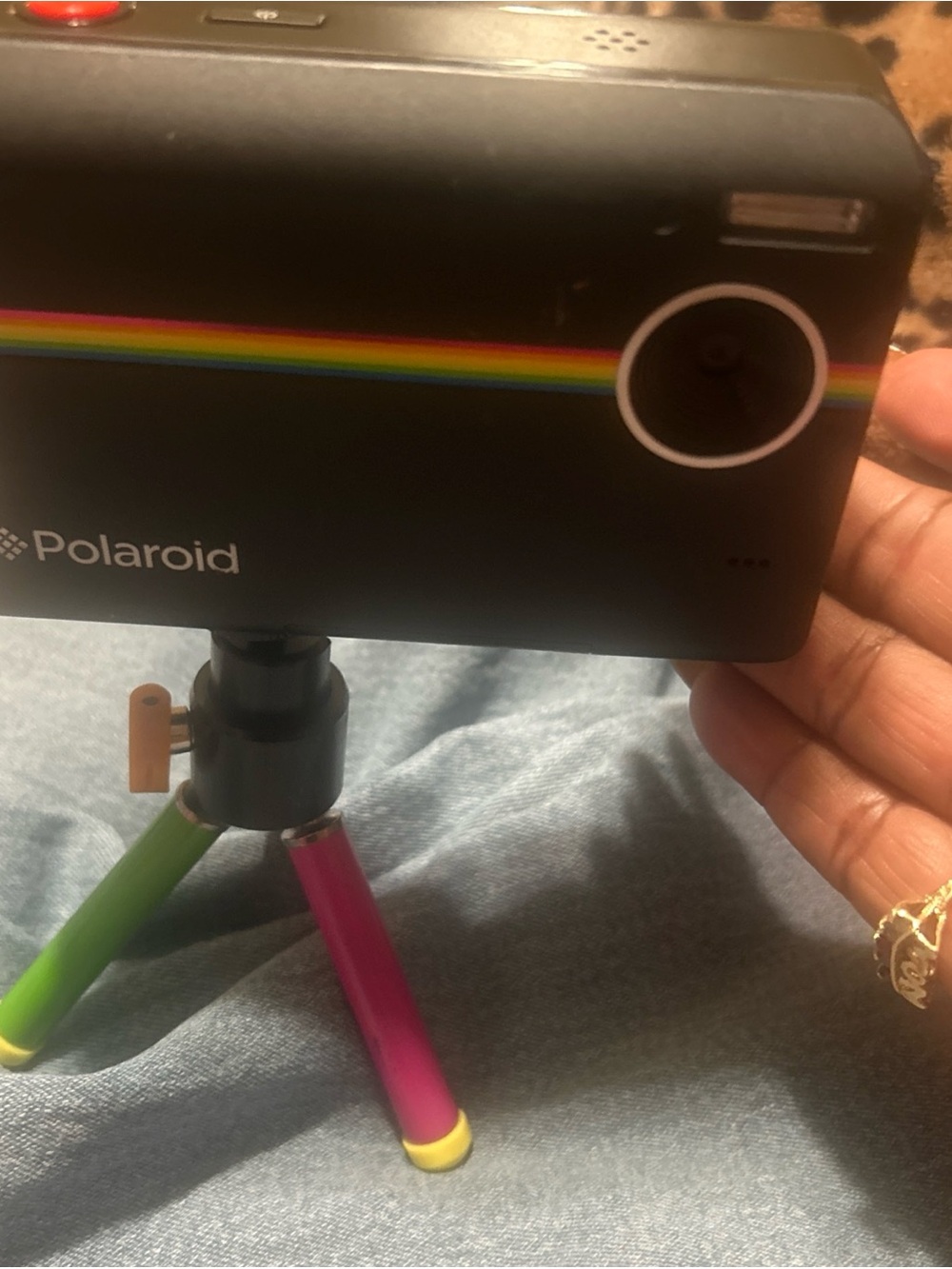 Polaroid Black Instant Camera with Rainbow Stripe and Green/Pink Tripod